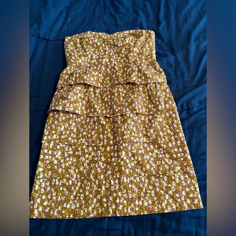 J. Crew Strapless Tiered Ruffle Sheath Cocktail Mini Dress in Brown and Purple - Picture 6 of 6